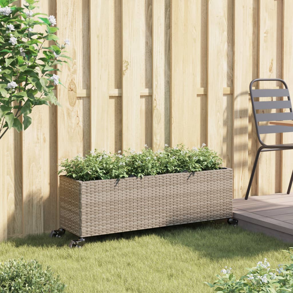 Plantenbak met wielen 3 potten 107x32x38 cm poly rattan grijs is nu te koop bij PeponiXL, paradijselijk wonen!