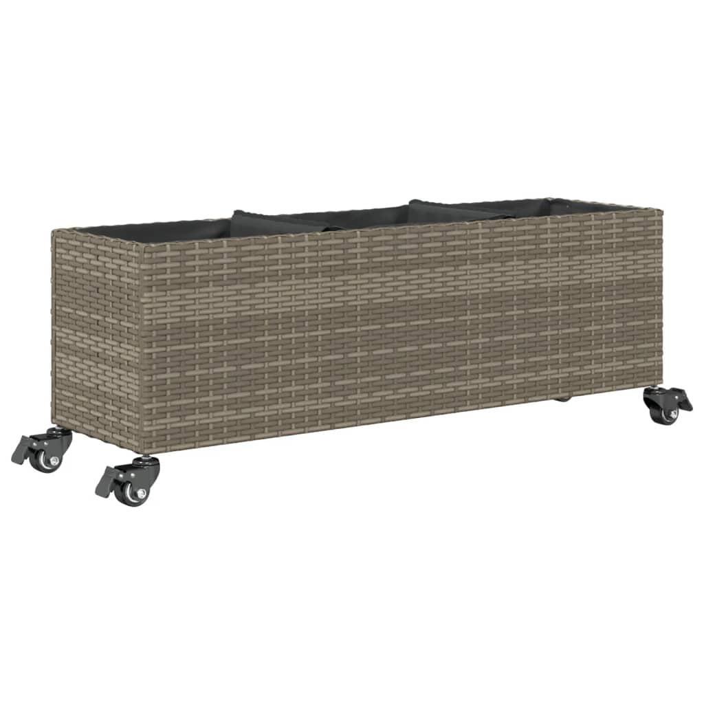 Plantenbak met wielen 3 potten 107x32x38 cm poly rattan grijs is nu te koop bij PeponiXL, paradijselijk wonen!