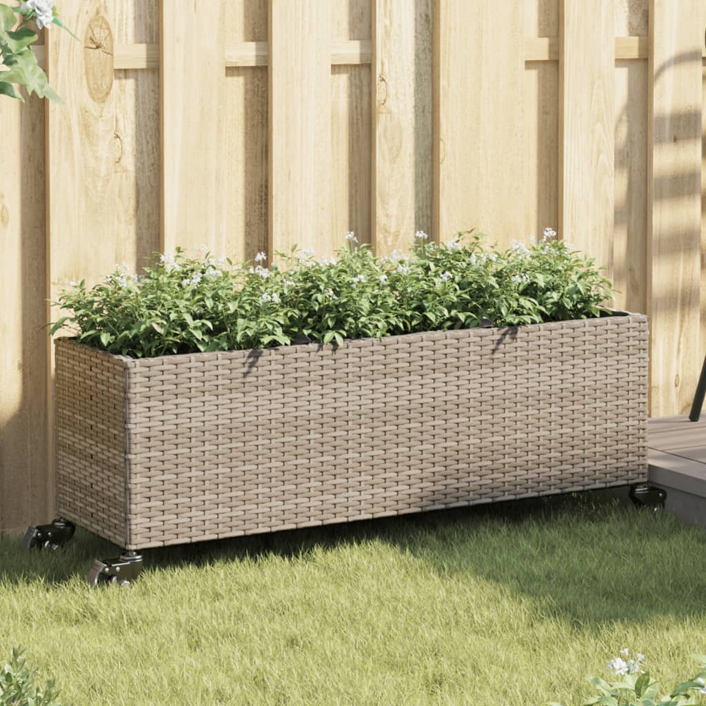 Plantenbak met wielen 3 potten 107x32x38 cm poly rattan grijs is nu te koop bij PeponiXL, paradijselijk wonen!