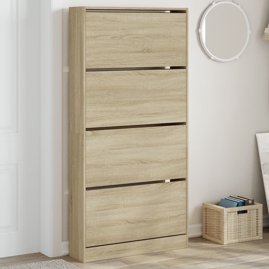 Schoenenkast met 4 klaplades 80x21x163,5 cm sonoma eikenkleurig is nu te koop bij PeponiXL, paradijselijk wonen!