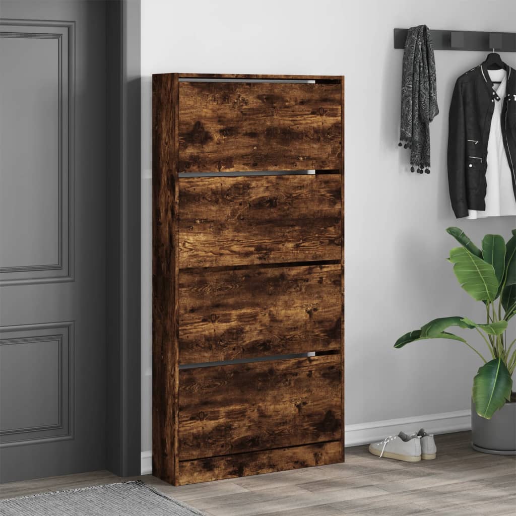 Schoenenkast met 4 klaplades 80x21x163,5 cm gerookt eikenkleur is nu te koop bij PeponiXL, paradijselijk wonen!