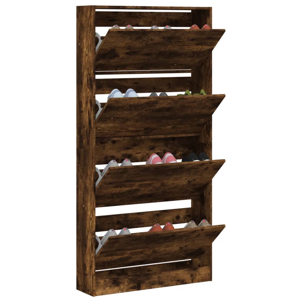 Schoenenkast met 4 klaplades 80x21x163,5 cm gerookt eikenkleur is nu te koop bij PeponiXL, paradijselijk wonen!