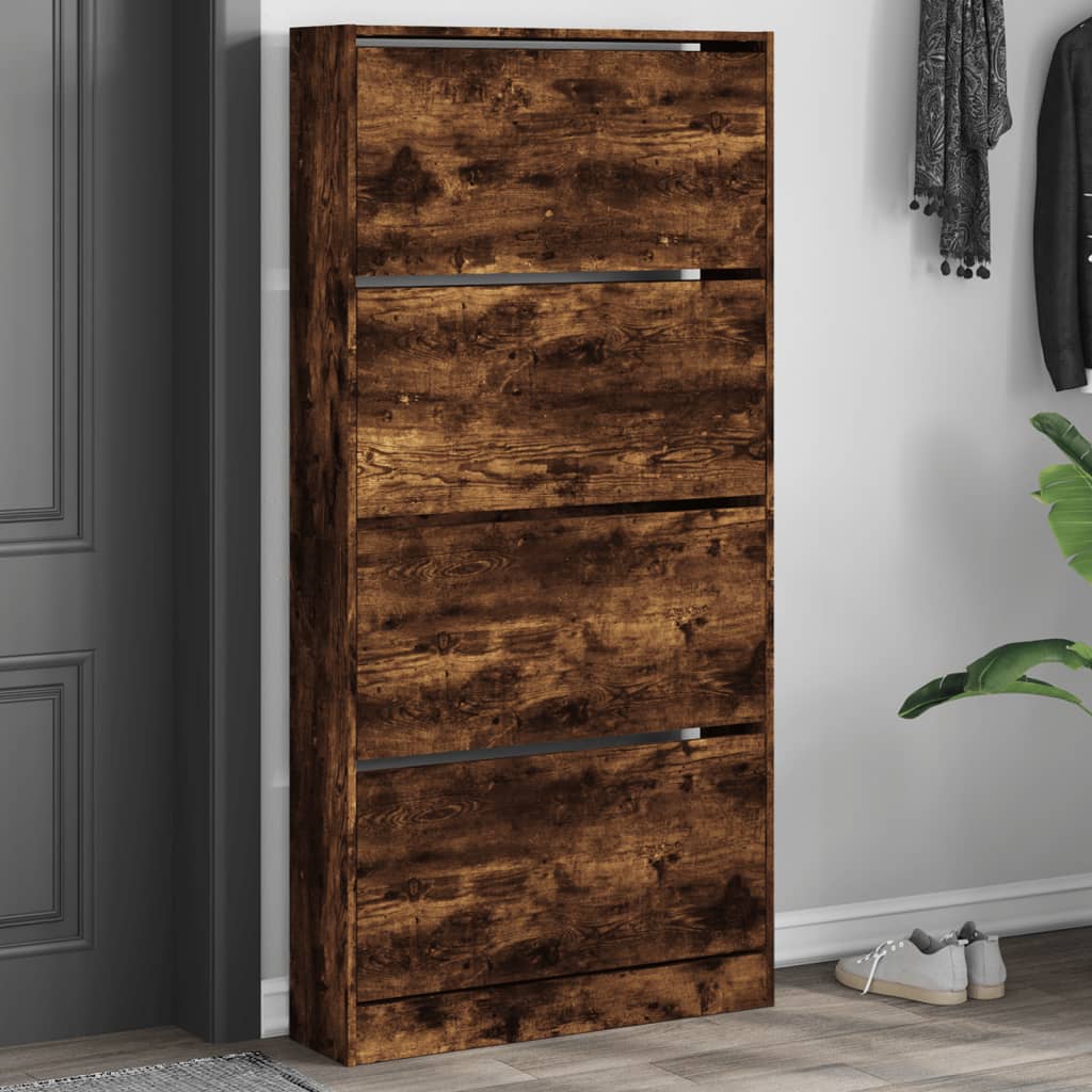 Schoenenkast met 4 klaplades 80x21x163,5 cm gerookt eikenkleur is nu te koop bij PeponiXL, paradijselijk wonen!