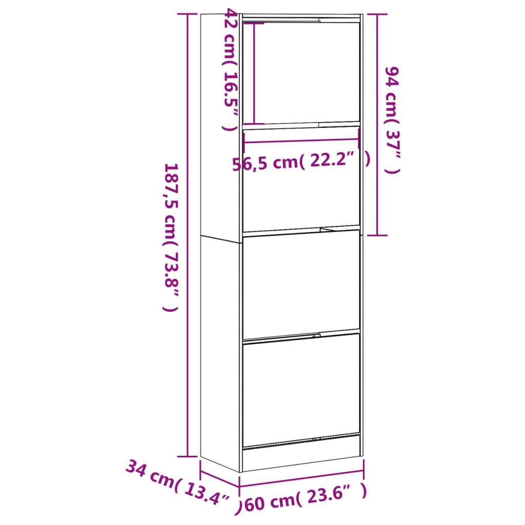 Schoenenkast met 4 klaplades 60x34x187,5 cm gerookt eikenkleur is nu te koop bij PeponiXL, paradijselijk wonen!