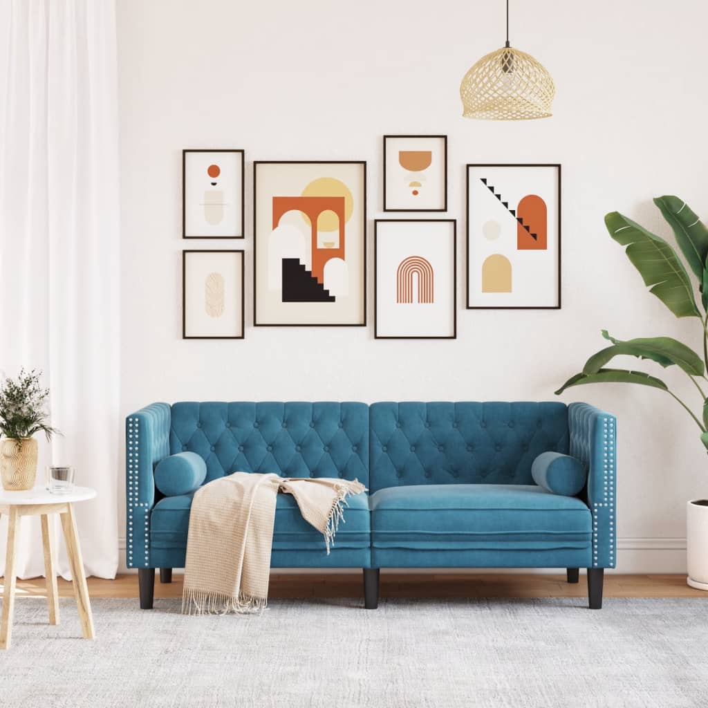 Tweezitsbank Chesterfield-stijl en bolsters fluweel blauw is nu te koop bij PeponiXL, paradijselijk wonen!