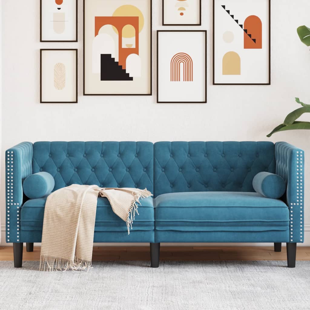 Tweezitsbank Chesterfield-stijl en bolsters fluweel blauw is nu te koop bij PeponiXL, paradijselijk wonen!