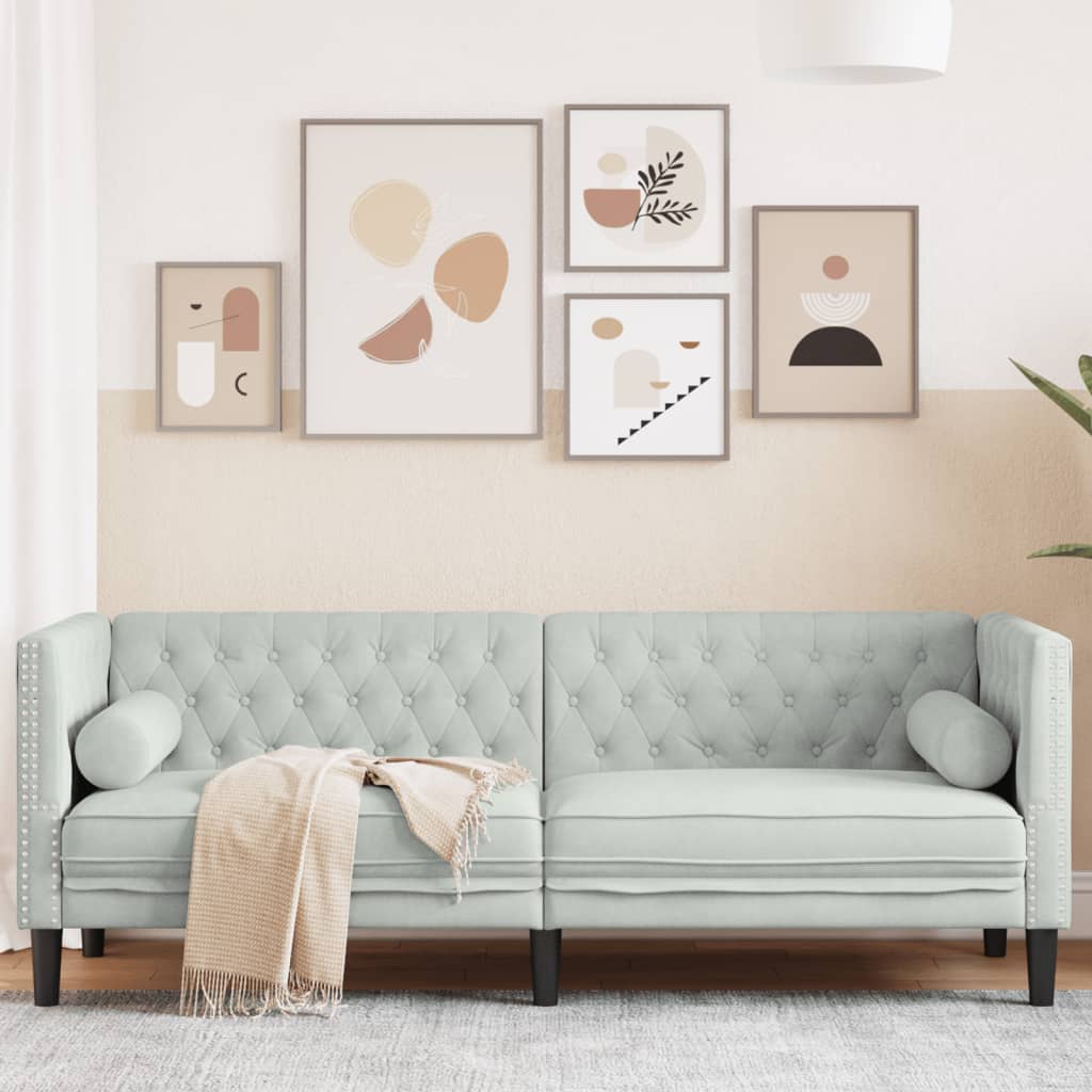 Driezitsbank Chesterfield-stijl met bolsters fluweel lichtgrijs is nu te koop bij PeponiXL, paradijselijk wonen!