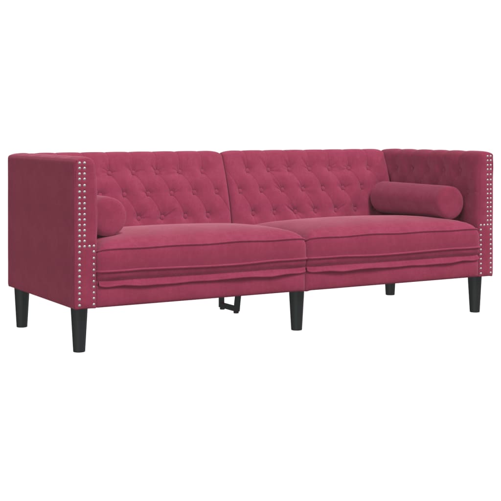 Driezitsbank Chesterfield-stijl met bolsters fluweel wijnrood is nu te koop bij PeponiXL, paradijselijk wonen!