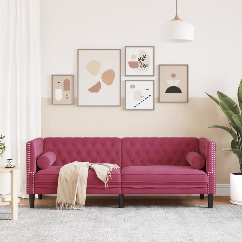 Driezitsbank Chesterfield-stijl met bolsters fluweel wijnrood is nu te koop bij PeponiXL, paradijselijk wonen!