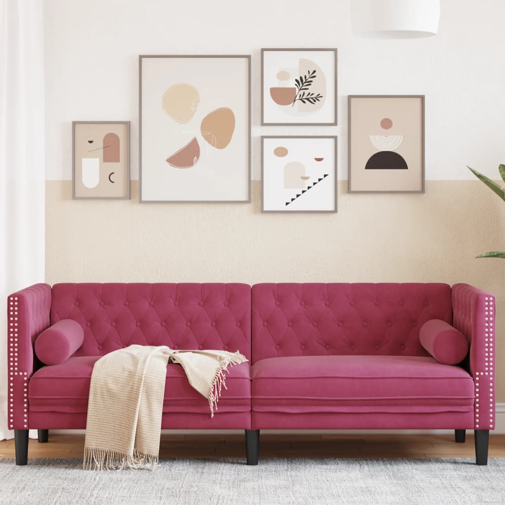 Driezitsbank Chesterfield-stijl met bolsters fluweel wijnrood is nu te koop bij PeponiXL, paradijselijk wonen!
