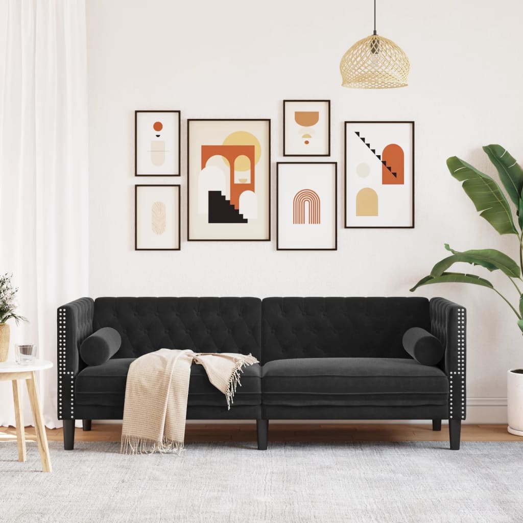 Driezitsbank Chesterfield-stijl met bolsters fluweel zwart is nu te koop bij PeponiXL, paradijselijk wonen!