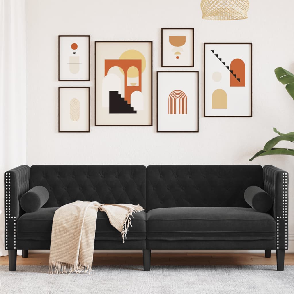 Driezitsbank Chesterfield-stijl met bolsters fluweel zwart is nu te koop bij PeponiXL, paradijselijk wonen!