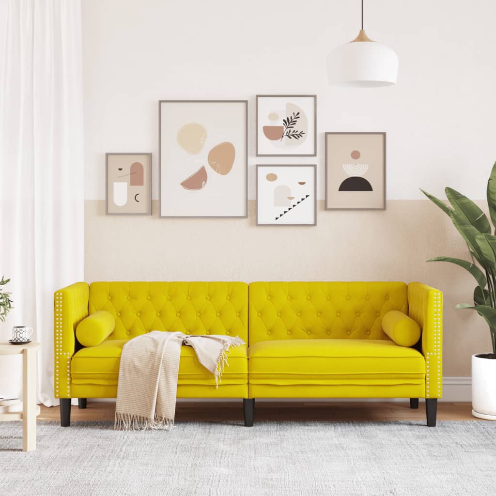 Driezitsbank Chesterfield-stijl met bolsters fluweel geel is nu te koop bij PeponiXL, paradijselijk wonen!
