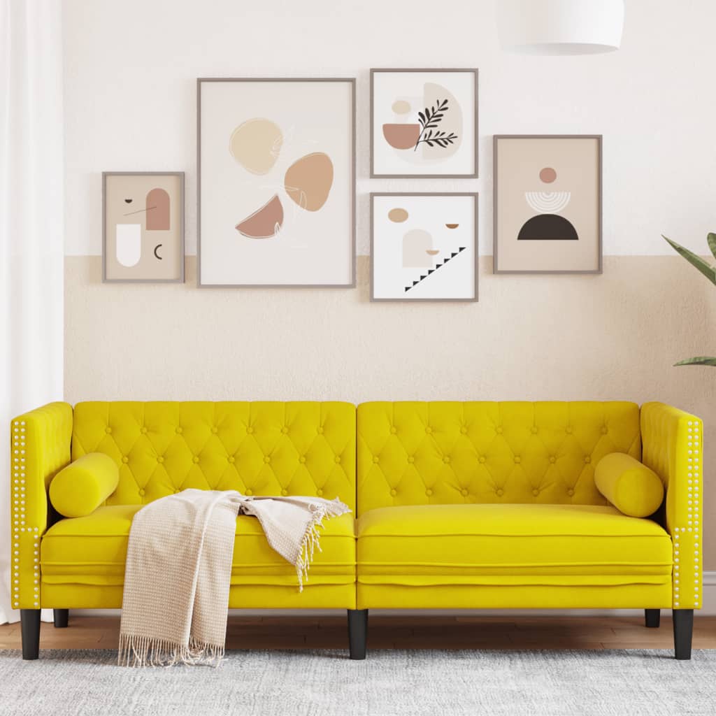 Driezitsbank Chesterfield-stijl met bolsters fluweel geel is nu te koop bij PeponiXL, paradijselijk wonen!