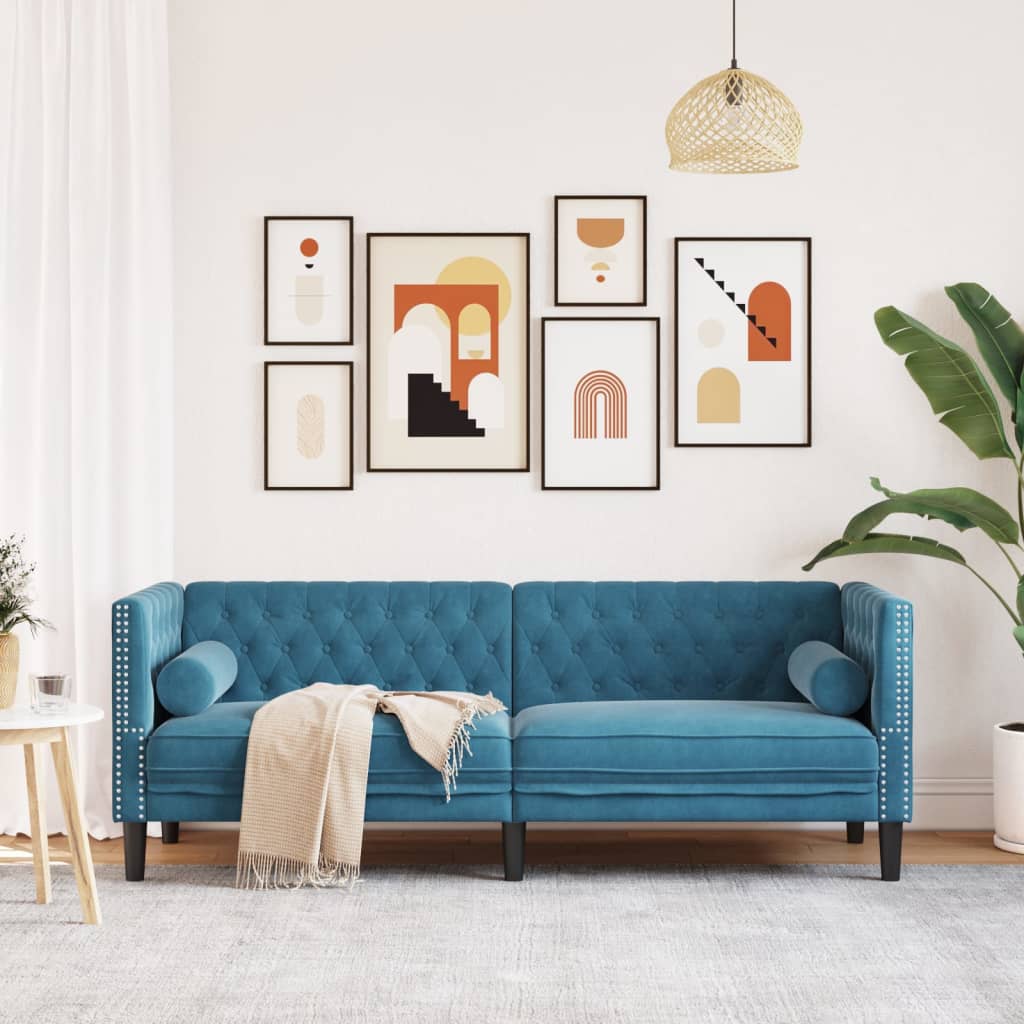 Driezitsbank Chesterfield-stijl met bolsters fluweel blauw is nu te koop bij PeponiXL, paradijselijk wonen!