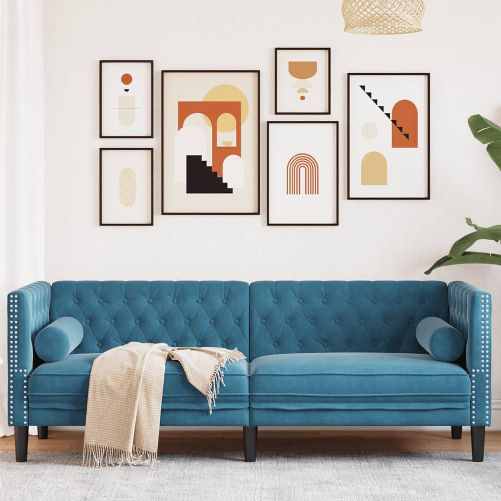Driezitsbank Chesterfield-stijl met bolsters fluweel blauw is nu te koop bij PeponiXL, paradijselijk wonen!