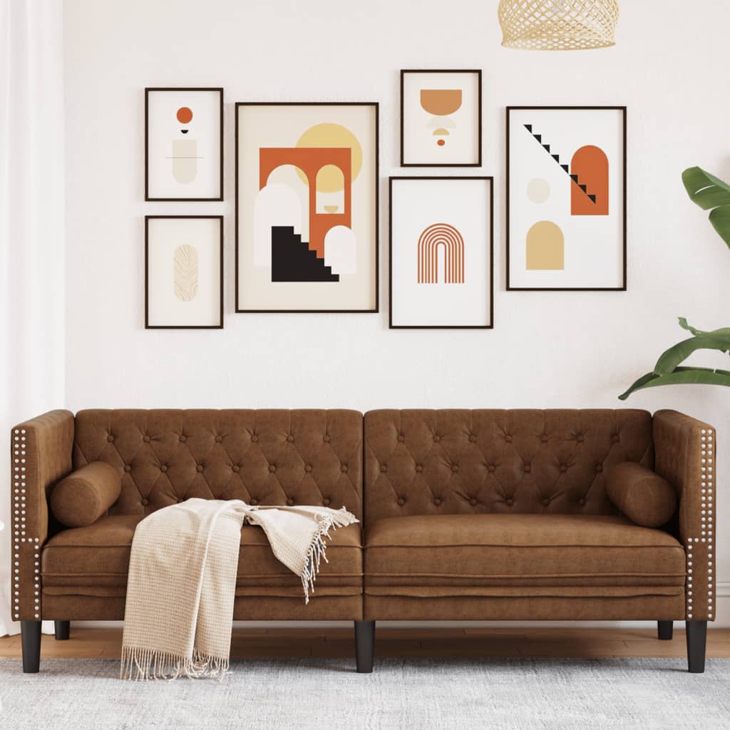 Driezitsbank Chesterfield-stijl met bolsters kunstsuède bruin is nu te koop bij PeponiXL, paradijselijk wonen!