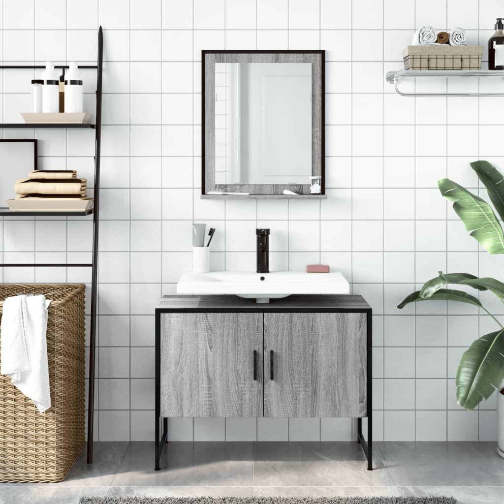 2-delige Badkamermeubelset bewerkt hout grijs sonoma eikenkleur is nu te koop bij PeponiXL, paradijselijk wonen!