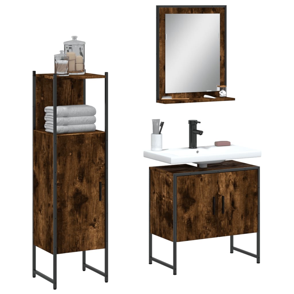 3-delige Badkamermeubelset bewerkt hout gerookt eikenkleurig is nu te koop bij PeponiXL, paradijselijk wonen!