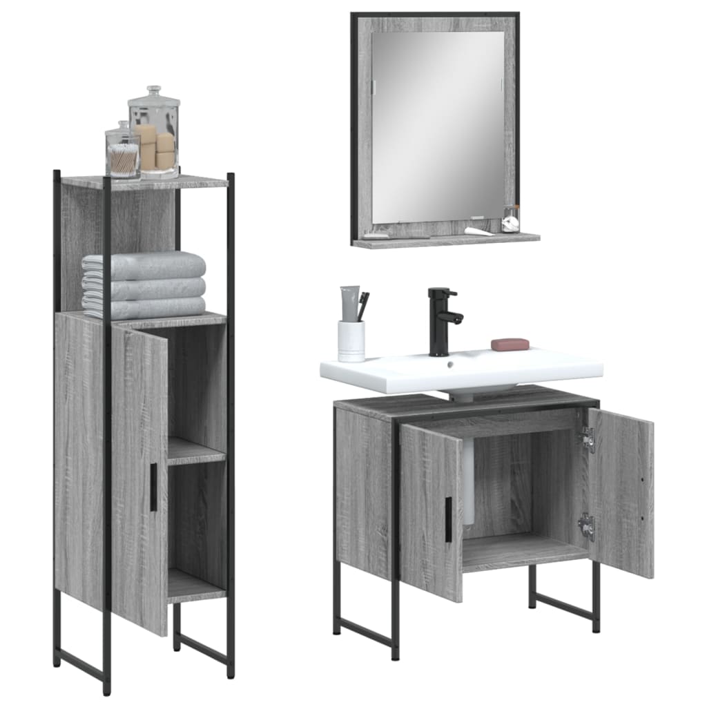 3-delige Badkamermeubelset bewerkt hout grijs sonoma eikenkleur is nu te koop bij PeponiXL, paradijselijk wonen!