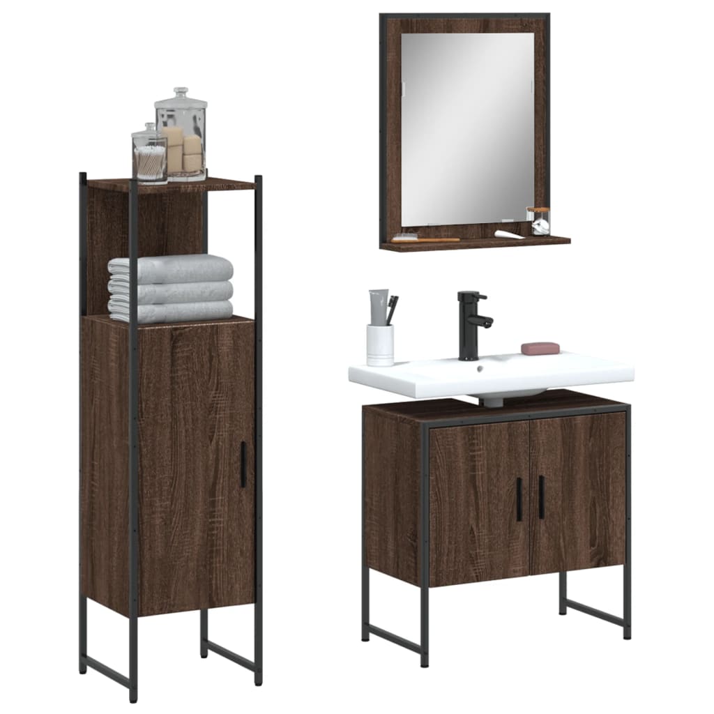 3-delige Badkamermeubelset bewerkt hout bruin eikenkleur is nu te koop bij PeponiXL, paradijselijk wonen!