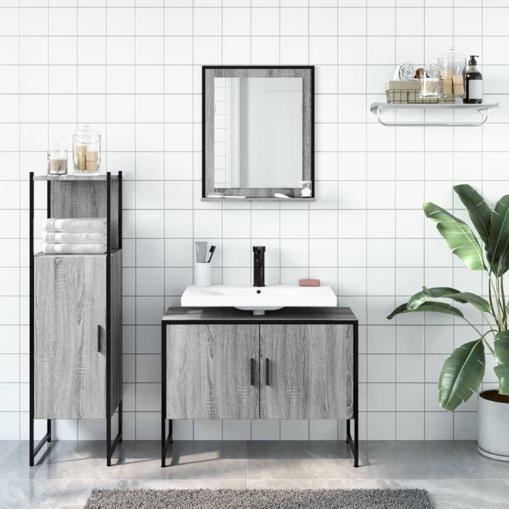 3-delige Badkamermeubelset bewerkt hout grijs sonoma eikenkleur is nu te koop bij PeponiXL, paradijselijk wonen!