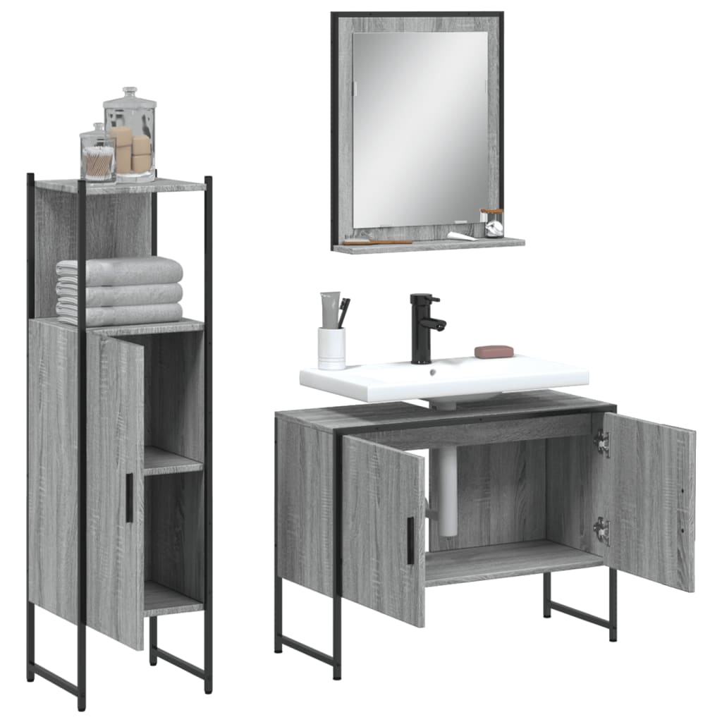 3-delige Badkamermeubelset bewerkt hout grijs sonoma eikenkleur is nu te koop bij PeponiXL, paradijselijk wonen!