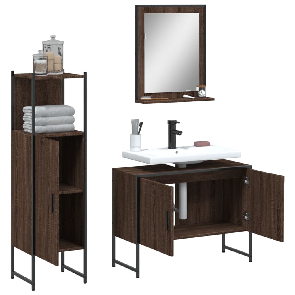 3-delige Badkamermeubelset bewerkt hout bruin eikenkleur is nu te koop bij PeponiXL, paradijselijk wonen!