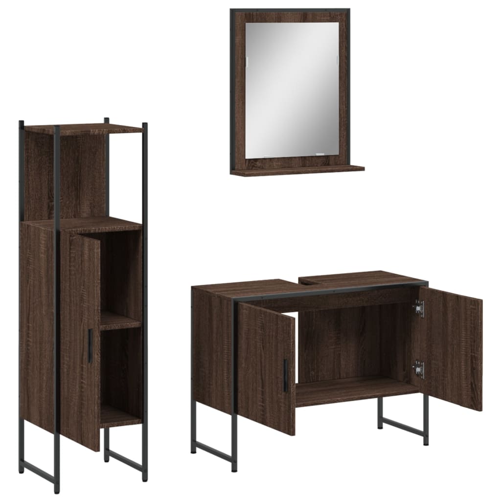 3-delige Badkamermeubelset bewerkt hout bruin eikenkleur is nu te koop bij PeponiXL, paradijselijk wonen!