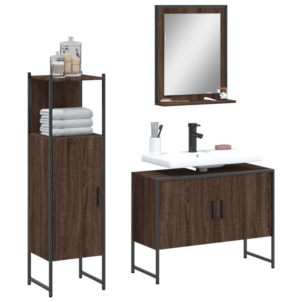 3-delige Badkamermeubelset bewerkt hout bruin eikenkleur is nu te koop bij PeponiXL, paradijselijk wonen!