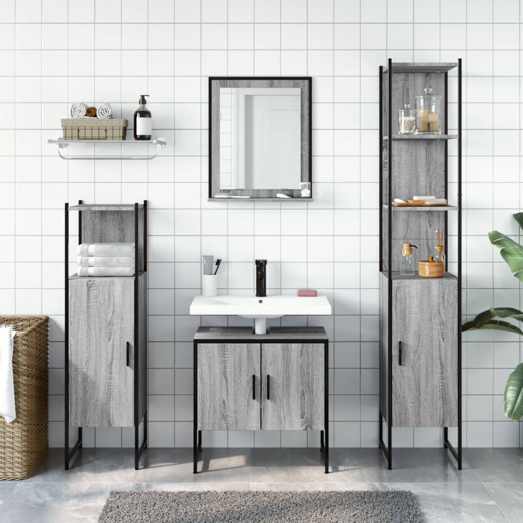 4-delige Badkamermeubelset bewerkt hout grijs sonoma eikenkleur is nu te koop bij PeponiXL, paradijselijk wonen!