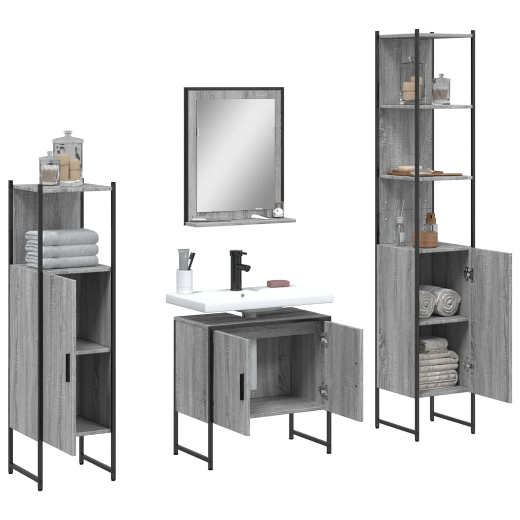 4-delige Badkamermeubelset bewerkt hout grijs sonoma eikenkleur is nu te koop bij PeponiXL, paradijselijk wonen!