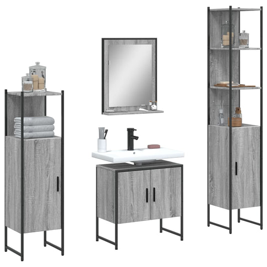 4-delige Badkamermeubelset bewerkt hout grijs sonoma eikenkleur is nu te koop bij PeponiXL, paradijselijk wonen!