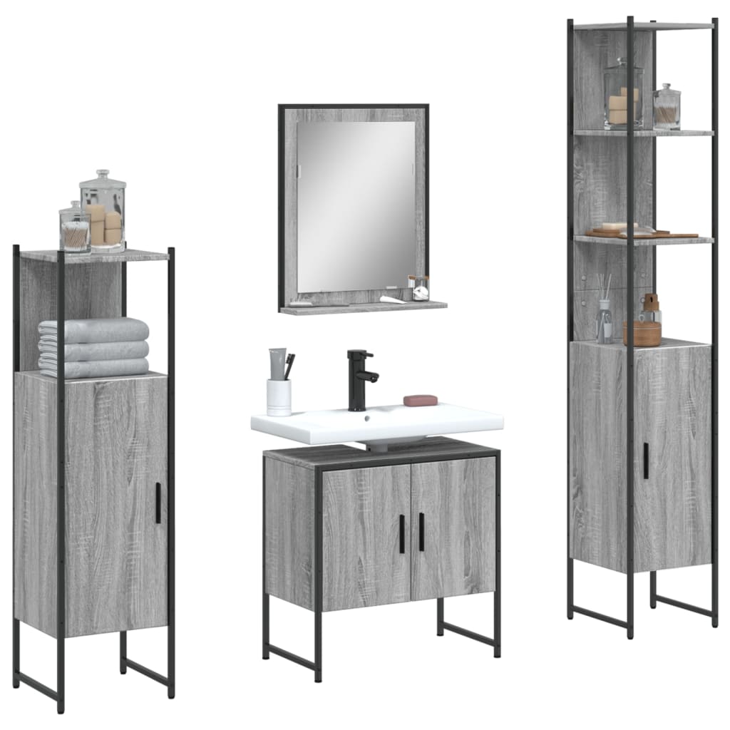 4-delige Badkamermeubelset bewerkt hout grijs sonoma eikenkleur is nu te koop bij PeponiXL, paradijselijk wonen!