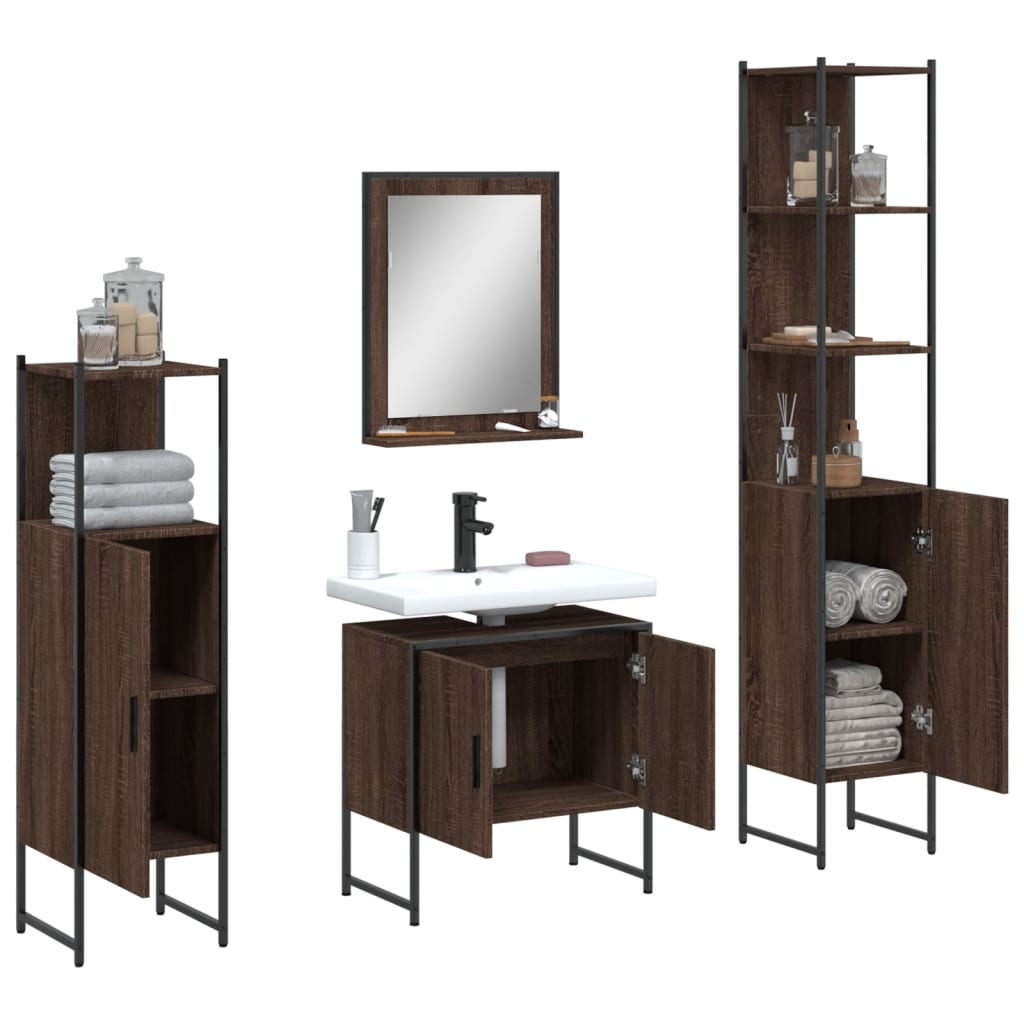 4-delige Badkamermeubelset bewerkt hout bruin eikenkleur is nu te koop bij PeponiXL, paradijselijk wonen!