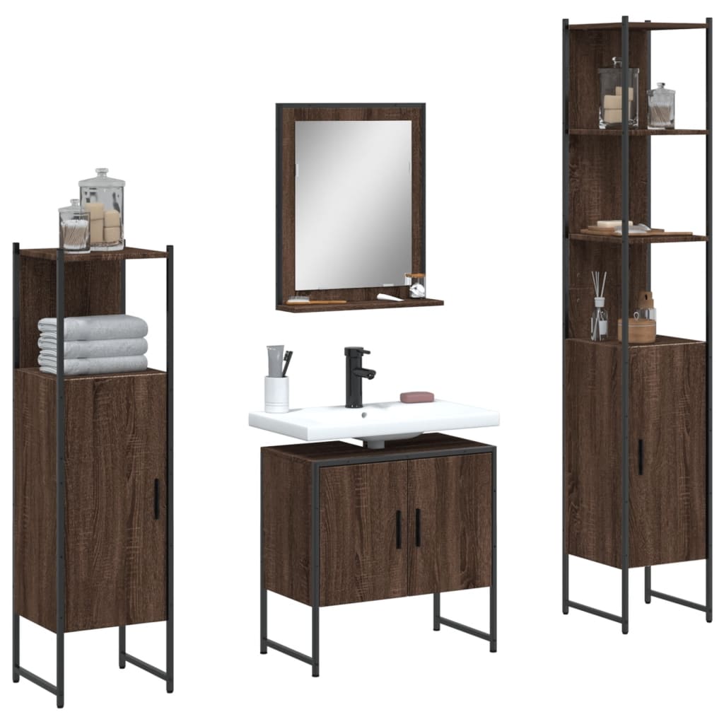 4-delige Badkamermeubelset bewerkt hout bruin eikenkleur is nu te koop bij PeponiXL, paradijselijk wonen!
