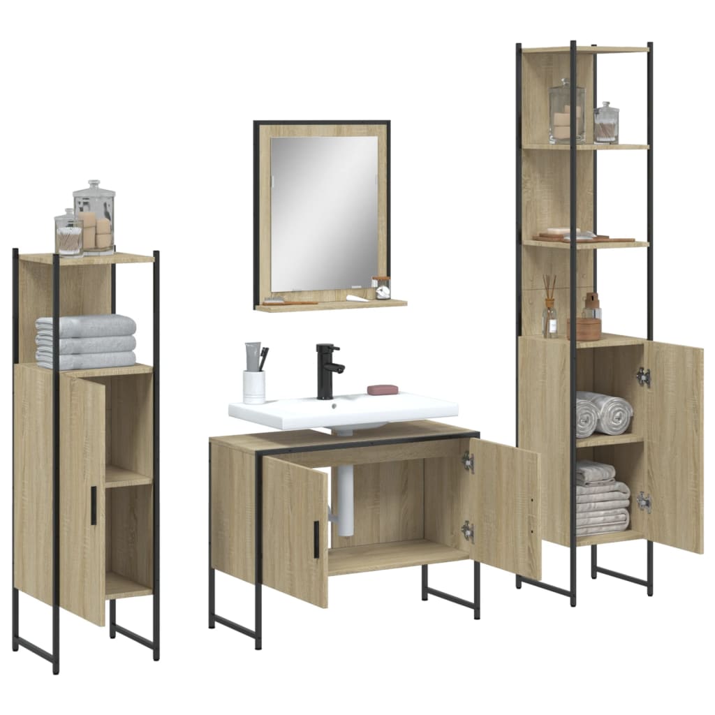 4-delige Badkamermeubelset bewerkt hout sonoma eikenkleurig is nu te koop bij PeponiXL, paradijselijk wonen!