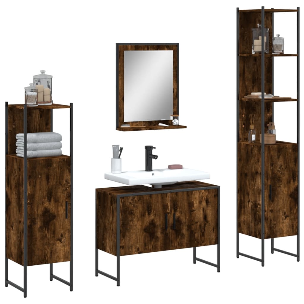 4-delige Badkamermeubelset bewerkt hout gerookt eikenkleurig is nu te koop bij PeponiXL, paradijselijk wonen!