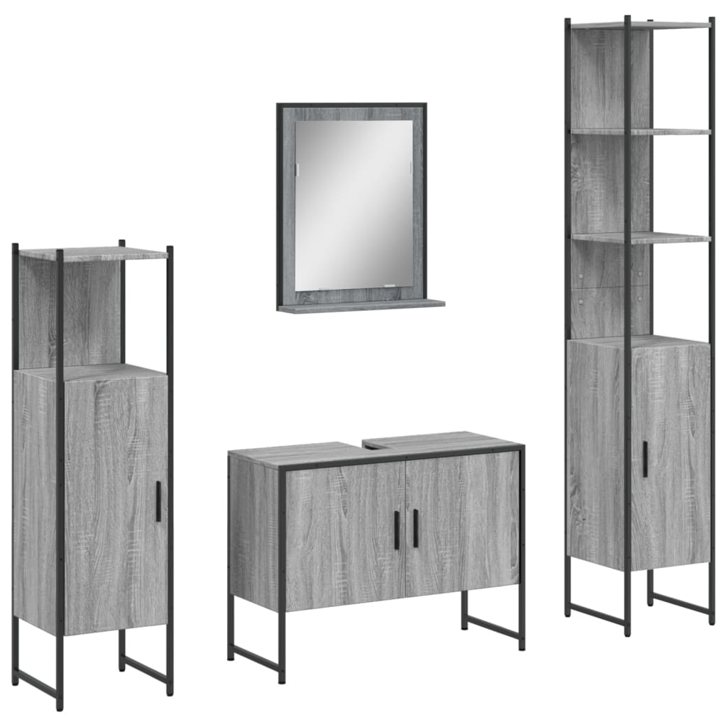 4-delige Badkamermeubelset bewerkt hout grijs sonoma eikenkleur is nu te koop bij PeponiXL, paradijselijk wonen!