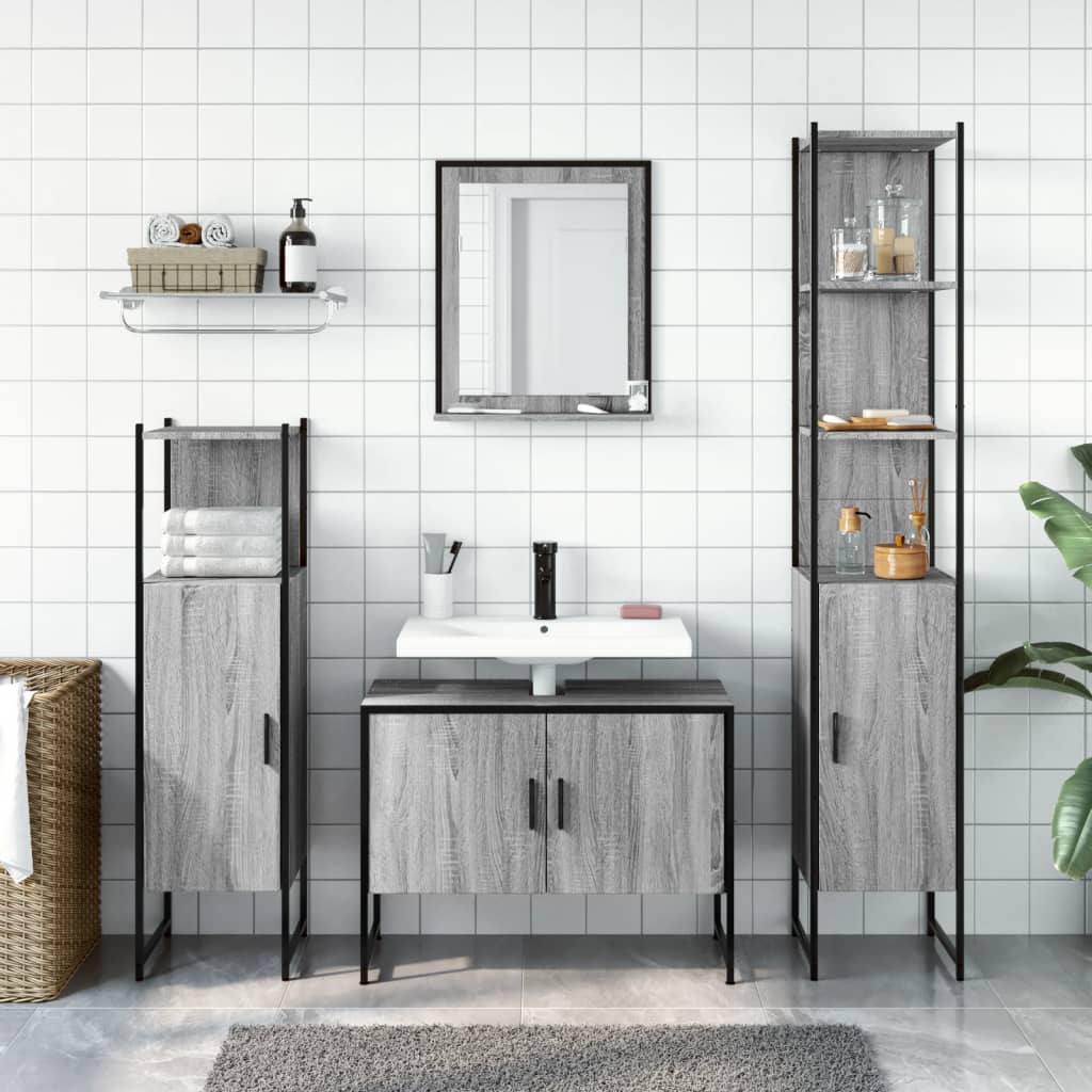 4-delige Badkamermeubelset bewerkt hout grijs sonoma eikenkleur is nu te koop bij PeponiXL, paradijselijk wonen!