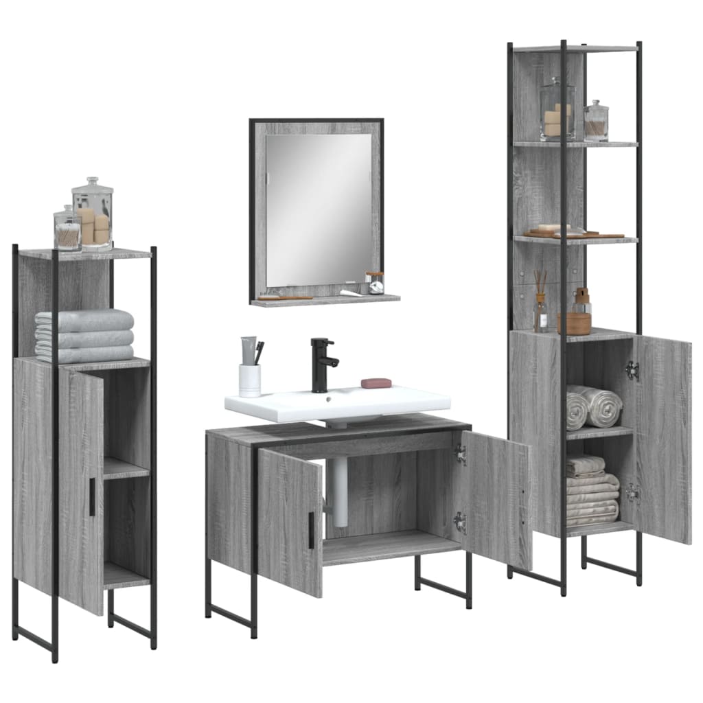 4-delige Badkamermeubelset bewerkt hout grijs sonoma eikenkleur is nu te koop bij PeponiXL, paradijselijk wonen!