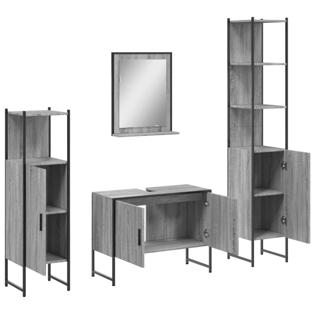 4-delige Badkamermeubelset bewerkt hout grijs sonoma eikenkleur is nu te koop bij PeponiXL, paradijselijk wonen!