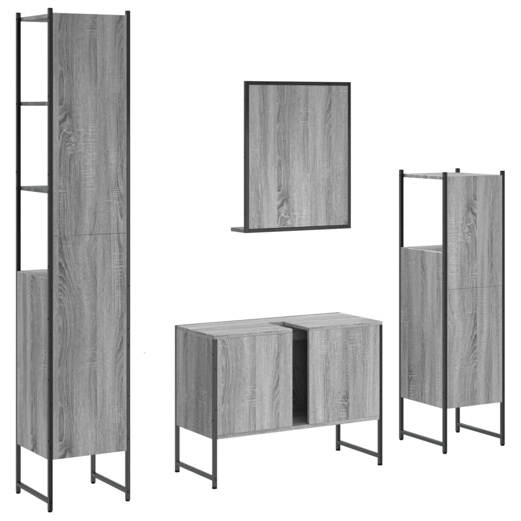 4-delige Badkamermeubelset bewerkt hout grijs sonoma eikenkleur is nu te koop bij PeponiXL, paradijselijk wonen!