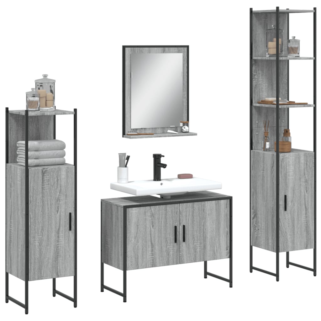 4-delige Badkamermeubelset bewerkt hout grijs sonoma eikenkleur is nu te koop bij PeponiXL, paradijselijk wonen!
