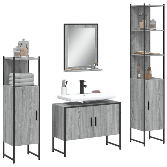 4-delige Badkamermeubelset bewerkt hout grijs sonoma eikenkleur is nu te koop bij PeponiXL, paradijselijk wonen!