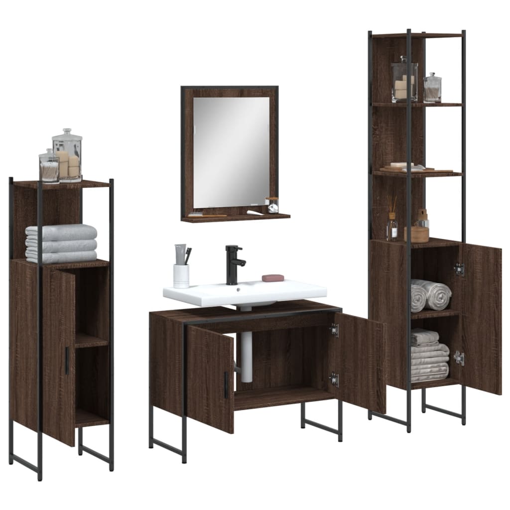 4-delige Badkamermeubelset bewerkt hout bruin eikenkleur is nu te koop bij PeponiXL, paradijselijk wonen!
