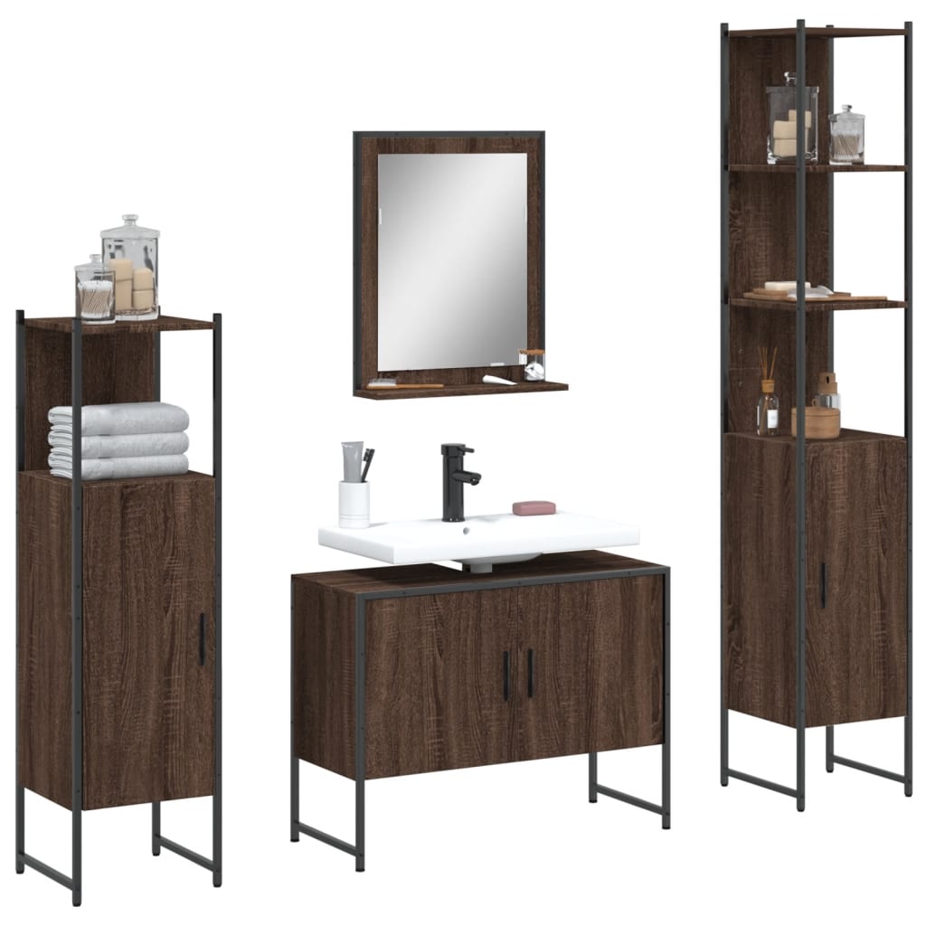 4-delige Badkamermeubelset bewerkt hout bruin eikenkleur is nu te koop bij PeponiXL, paradijselijk wonen!