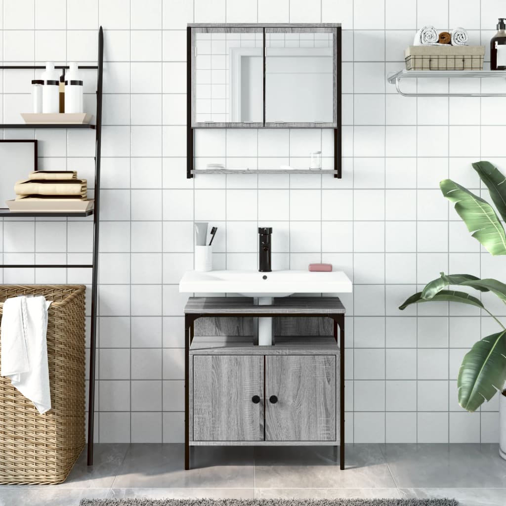 2-delige Badkamermeubelset bewerkt hout grijs sonoma eikenkleur is nu te koop bij PeponiXL, paradijselijk wonen!