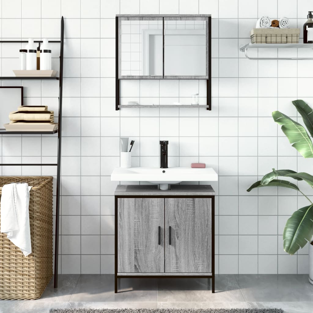 2-delige Badkamermeubelset bewerkt hout grijs sonoma eikenkleur is nu te koop bij PeponiXL, paradijselijk wonen!