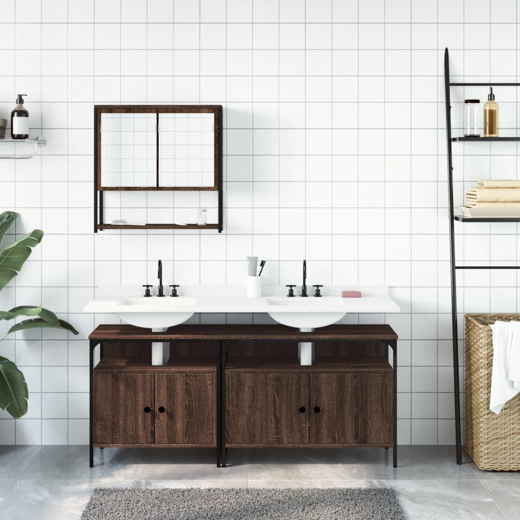 3-delige Badkamermeubelset bewerkt hout bruin eikenkleur is nu te koop bij PeponiXL, paradijselijk wonen!